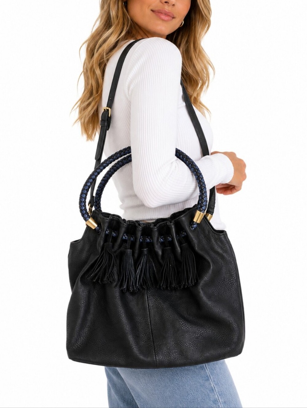 Steven Black Leather Tassel Hobo Bag with Braided Handle